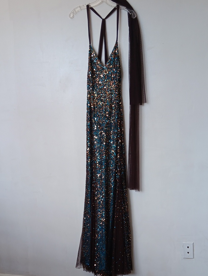 Scala Teal & Brown Sequin Strappy Maxi Gown